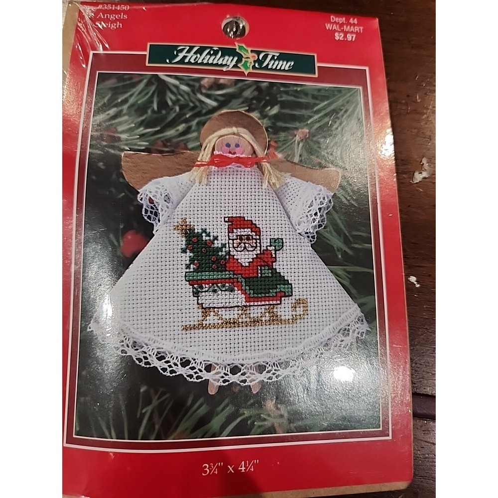 Vintage Cross Stitch Kit Angel SANTA SLEIGH Clothespin Ornament Christmas Craft
